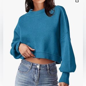 Women's Crewneck Cropped Sweater Oversized Side Slit Ribbed Knit Pullover Tops